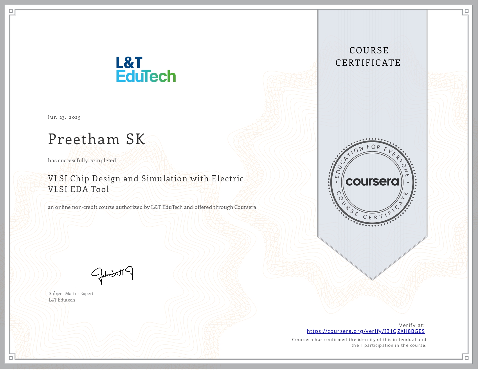 VLSI Chip Design with Electric EDA Certificate