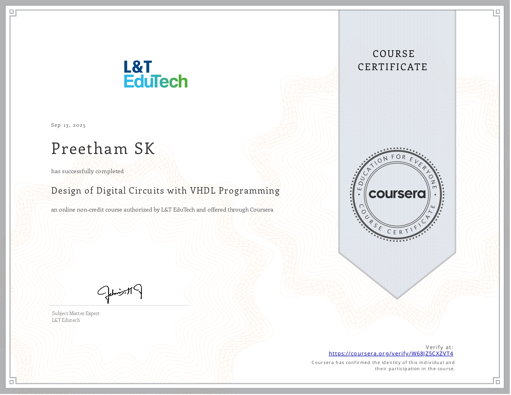 Design of Digital Circuits with VHDL Certificate