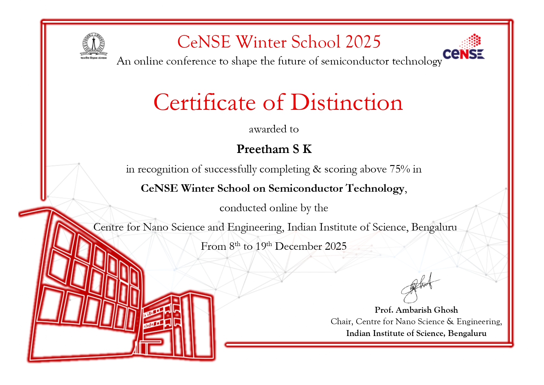 CeNSE Winter School Certificate of Distinction