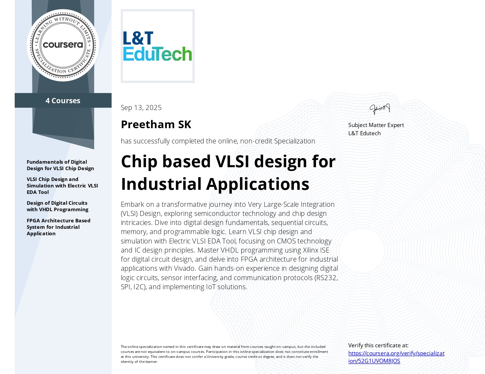 L&T EduTech Specialisation Certificate