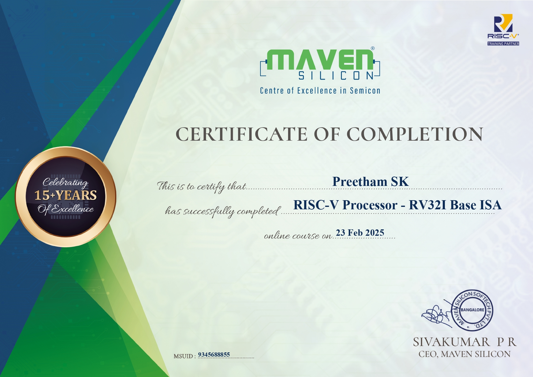 RISC-V RV32I Base ISA Certificate