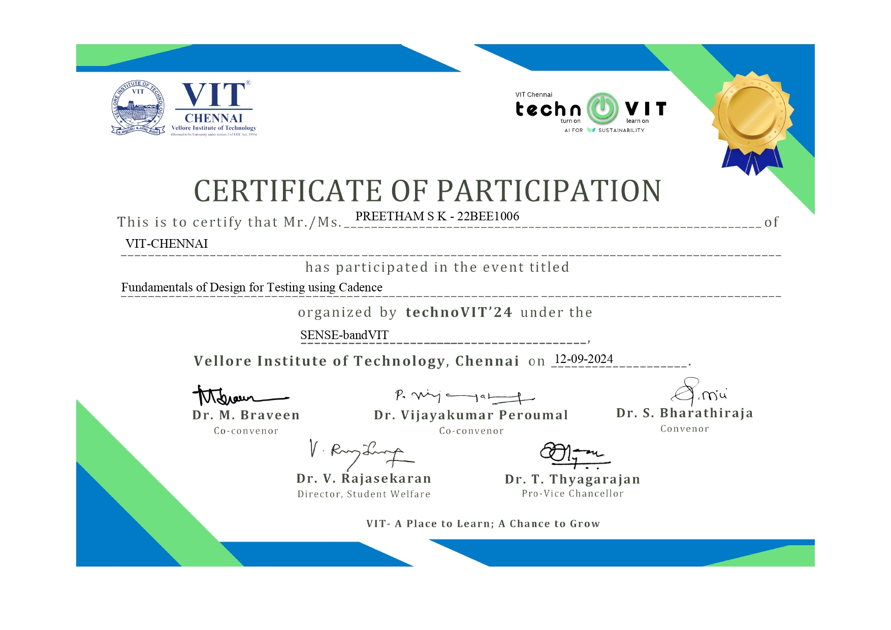 DFT Cadence Workshop Certificate