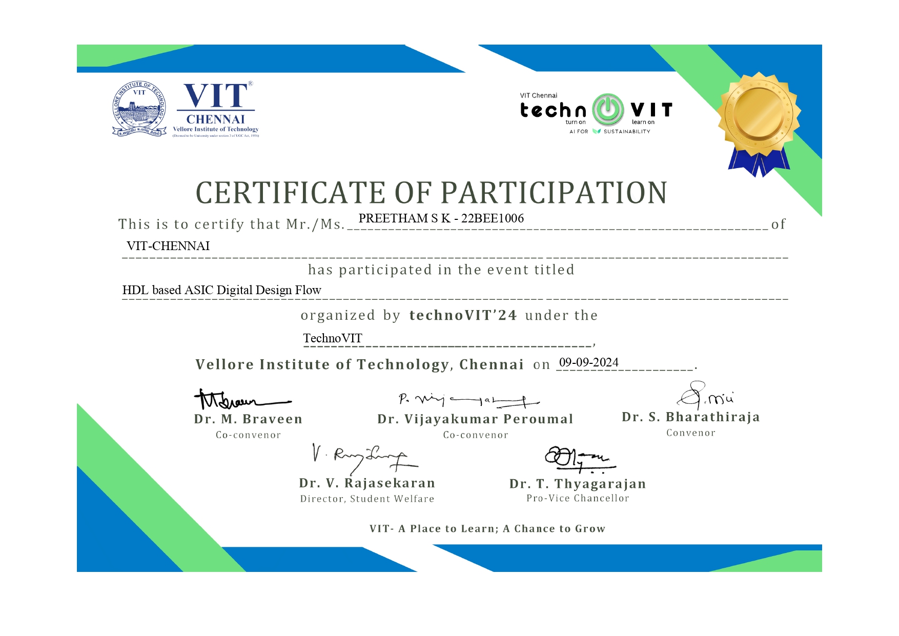 HDL ASIC Design Flow Workshop Certificate